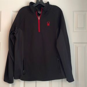 Mens Spyder black and red pullover with quarter zip and 2 zippered pockets